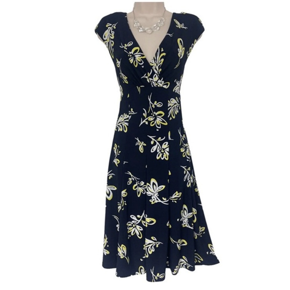 Ralph Lauren Navy Blue Yellow Paisley Ruched V-Neck Jersey Dress 10 M Empire